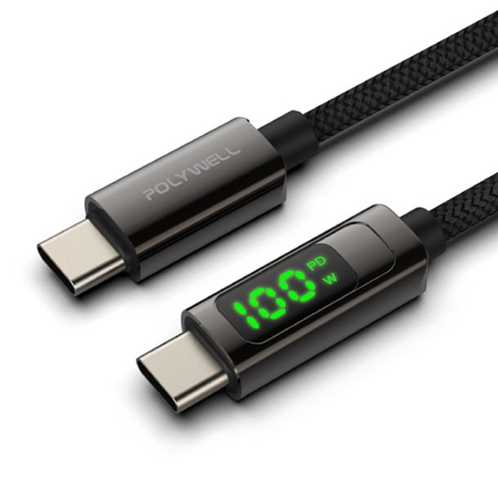 【珍愛頌】寶利威爾 USB Type-C To C 100W數位顯示PD快充線 2米 iPad 安卓 POLYWELL