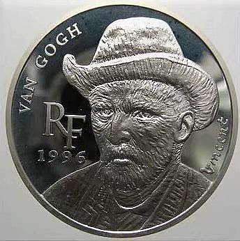 法國1996年 盧浮宮館藏梵高自畫像10法郎雙面值精制紀念銀