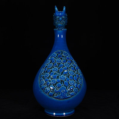 中國古瓷 0RT孔雀藍雕刻龍紋瓶40*20m7000RT-7521