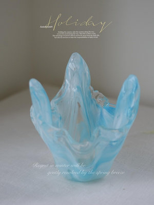 日本IWATA手作異型藍色氣泡琉璃  花瓶 漸變藍色琉璃花器