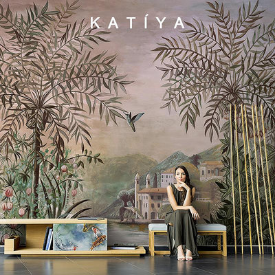 Katiya美式手繪山清水秀壁紙客廳電視背景墻壁畫無縫沙發墻紙