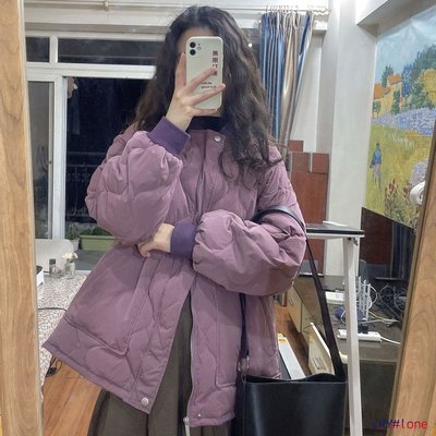紫色棉服女中長款冬季年新款韓版寬松學生加厚學院風棉襖外套