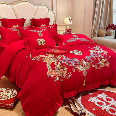 【床包組】高檔中式龍鳳結婚四件套大紅色床單床笠被套刺繡喜被婚慶床上用品