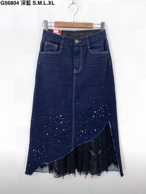 (S 現貨) 正韓  韓國代購  牛仔裙(深藍)  斜配黑蕾   新裝上市 4個尺寸  韓國連線    -08(172)