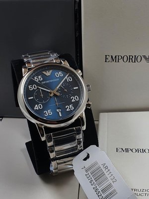 EMPORIO ARMANI 藍色面錶盤 銀色不鏽鋼錶帶 石英 三眼計時 男士手錶AR11132 亞曼尼腕錶