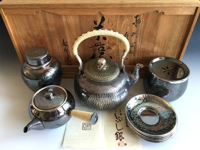 【松果坊】日本金工『銀川堂』造 燻銀茶具一組 共箱 未使用品 s177b
