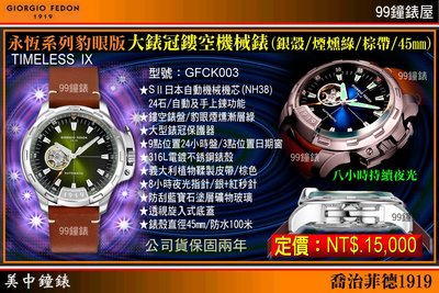 【美中鐘錶】GIORGIO FEDON”永恆豹眼版 ”大錶冠鏤空機械腕錶(銀殼/煙燻綠/棕帶/45mm)GFCK003
