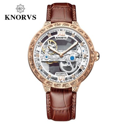 男士手錶KNORVS爆款 全自動鏤空雕花男士機械手表陀飛輪時尚商務腕表