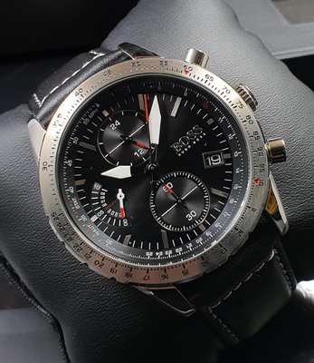 HUGO BOSS Pilot Edition Chronograph 黑色面錶盤 黑色皮革錶帶 石英 三眼計時 男士手錶 1513853