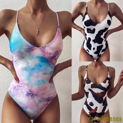 八月新款 歐美比基尼 連身一體式抽褶性感綁帶沙灘印花one piece monokini 泳衣女-MIKI精品