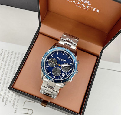 COACH Thompson Sport 藍色錶盤 銀色不鏽鋼錶帶 石英 三眼計時 男士手錶 14602383