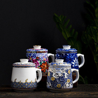 茶藝師 可訂製logo景德鎮琺瑯彩陶瓷水杯茶水分離杯個人辦公茶杯帶蓋禮品