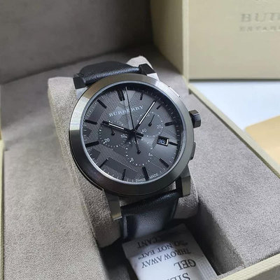 BURBERRY 煤灰色錶盤 黑色皮革錶帶 石英 三眼計時 男士手錶 BU9364