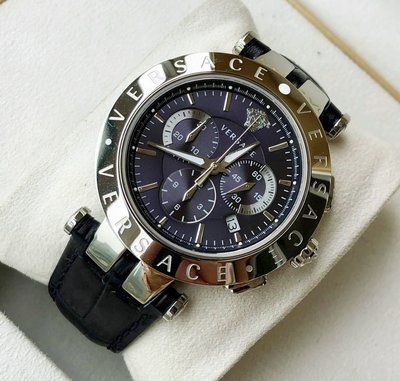 VERSACE V-Race 銀色框藍色面錶盤 藍色真皮皮革錶帶 石英 三眼計時 男士手錶 VERQ00620 凡賽斯腕錶