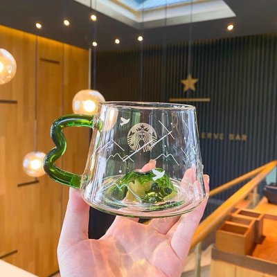 玻璃杯 马克杯 星巴克杯子 吸管韓國高顏值2021夏日迷幻森林漸層綠色玻璃杯山丘富士山水杯單把杯