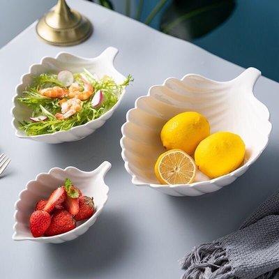 純白創意陶瓷碗  樹葉碗 水果碗 沙拉碗 家用點心碗 手柄碗促銷