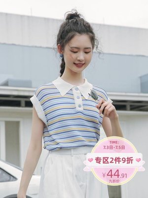 熱銷 森系條紋薄針織衫女夏2019新款韓版寬鬆小眾polo衫短袖t恤上衣潮--可開發票