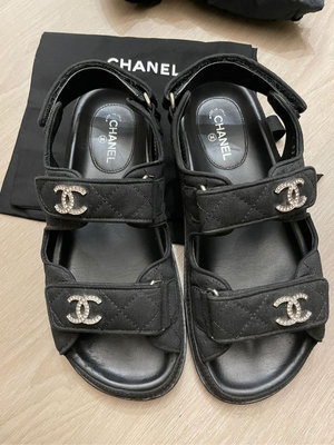真品 Chanel 黑色 魔鬼氈 涼鞋