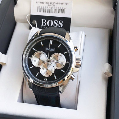 HUGO BOSS Classic 黑色面錶盤 黑色真皮皮革錶帶 石英 三眼計時 男士手錶 1512879