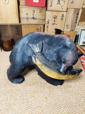 日本回流【北海道木雕】熊擺件、木雕熊 熊叼魚 置物 擺件