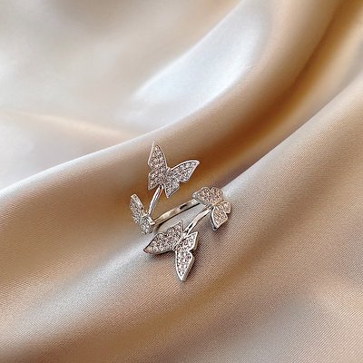 D家韓國銀飾~高級感超仙氣質滿鉆蝴蝶戒指女ins潮冷淡風時尚個性小眾設計食指