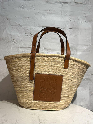 LOEWE Medium Basket 大款 棕櫚葉拼小牛皮 托特包 編織包 草編包 原色/棕褐色