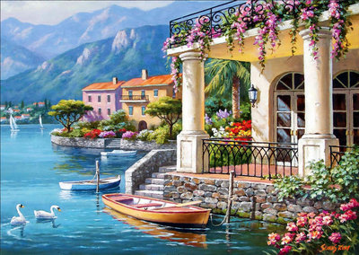 歐洲進口拼圖 PER 繪畫風景 歐洲 海 船 湖畔旁的別墅 SUNG KIM 3000片拼圖 4915