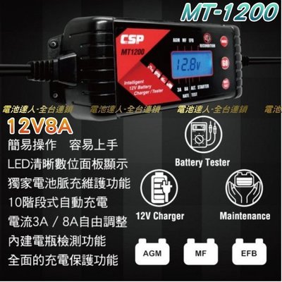 ☆☆電池達人☆年度新產MT1200全配 12V 電池專用 充電器/電池檢測器 最大8A  適用免加 EFB AGM 鋰鐵