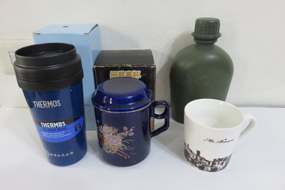 【讓藏】THERMOS 膳魔師冷熱兩用保溫杯+伯朗咖啡杯+藍釉瓷杯+軍用水壺4件一起賣