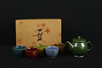 《玖隆蕭松和 挖寶網T》B倉 陶瓷 六色結晶釉 茶壺 茶杯 茶具組 共 6入 盒裝  (07893)