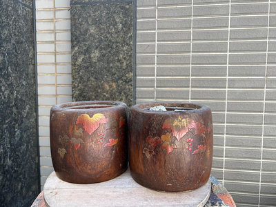 【一点會＼二五上新】蒔繪 梧桐木火缽一對  日本 少見 古物 老件 火爐 藝術 裝飾 裝潢 擺飾 擺件 古物 收藏