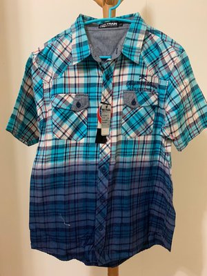 衣市藍~BIG TRAIN 漸層染格紋短袖襯衫 (L~全新調牌~) (210625)