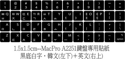 ◎訂製鍵盤貼紙．Mac-Book-Pro-A2251專用．韓文(左下)＋英文(右上)．尺寸:1.5x1.5cm-黑底白字