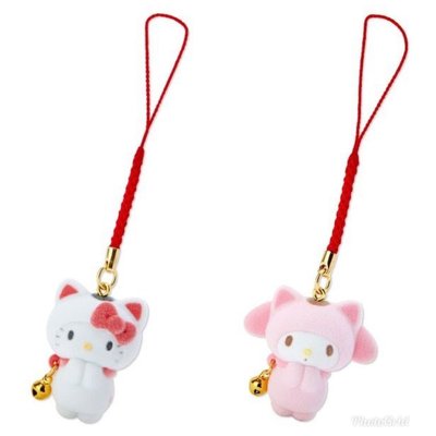 Hello Kitty丶美樂蒂 招財貓植絨玩偶娃娃吊飾《紅白、粉白》新年掛飾.鑰匙