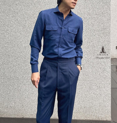 IMAGESUIT夏季麻料雙口袋襯衫藍色B677