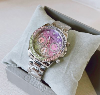 GUESS Sol 水鑽圈 漸層紫色錶盤 銀色不鏽鋼錶帶 石英 女士手錶 GW0483L1