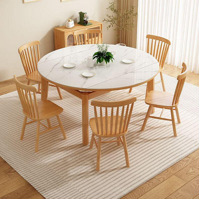 餐桌全實木巖板餐桌家用小戶型現代簡約吃飯桌北歐橡膠木伸縮可變圓桌