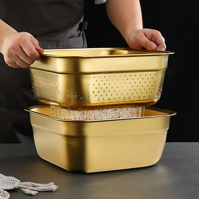 金色不銹鋼方盆洗菜盆湯盆創意快餐盆米篩沖孔方形漏盆瀝水盆面盆