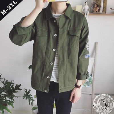 『型男風』工装外套 M-2XL 手臂貼標 軍綠夾克衫 寬鬆 文藝範 大尺碼–3色