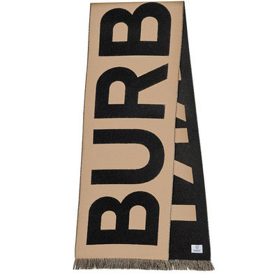 【BURBERRY 巴寶莉】Logo 徽標 羊毛 提花 圍巾 典藏米色 黑色