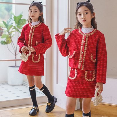 【AT2226】✿寶貝花園✿2024秋季新品 女童 中大童 小香風外套+半身裙 二件套 套裝 親子款
