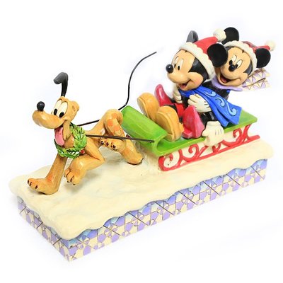 Disney Enesco迪士尼仿木雕模型-聖誕節米奇米妮布魯托滑雪橇