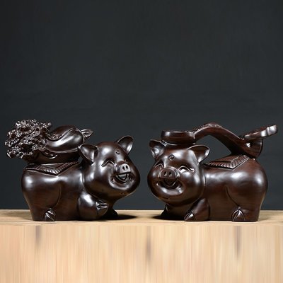 黑檀木雕豬擺件根雕十二生肖豬實木質雕刻家居裝飾品紅木工藝禮品~特價促銷