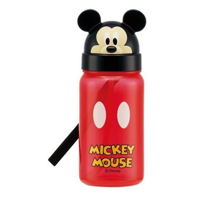 花見雜貨~日本進口全新正版Mickey米奇塑膠立體大頭造型頭型透明吸管水壺水瓶附提繩350ML
