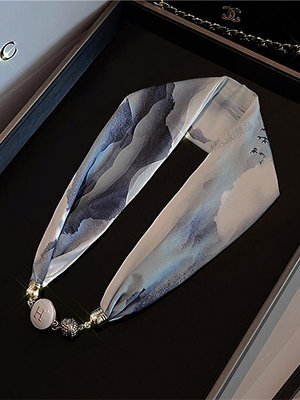 珍珠H字母磁扣絲巾項鏈頸飾懶人圍巾多功能裝飾發帶小領巾藍白色-Misaki精品