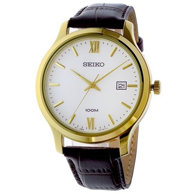 SEIKO WATCH 精工簡約復古金框白面日期咖啡色皮帶紳士石英腕錶 型號：SUR226P1【神梭鐘錶】