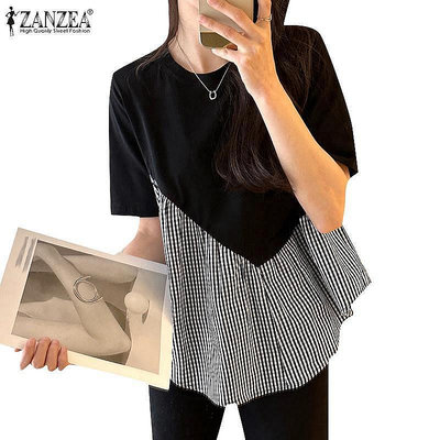 Zanzea 女式韓版短袖拼布格子拼接彩色針織 T 恤-水水精品衣櫥