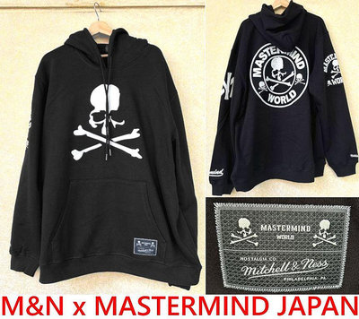 BLACK全新MASTERMIND JAPAN x Mitchell &amp; Ness刺繡MMJ骷髏M&amp;N連帽長T帽T