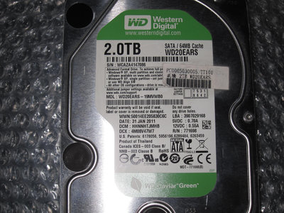 售 WD 2000GB(2TB) /快取64M  SATA2 硬碟機( 良品)(1元起標)