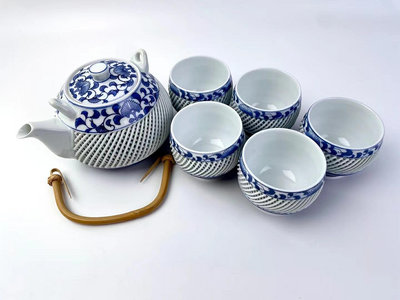 日本有田燒 琴峰作鏤空網紋茶具套組。一提梁壺，五客茶杯。